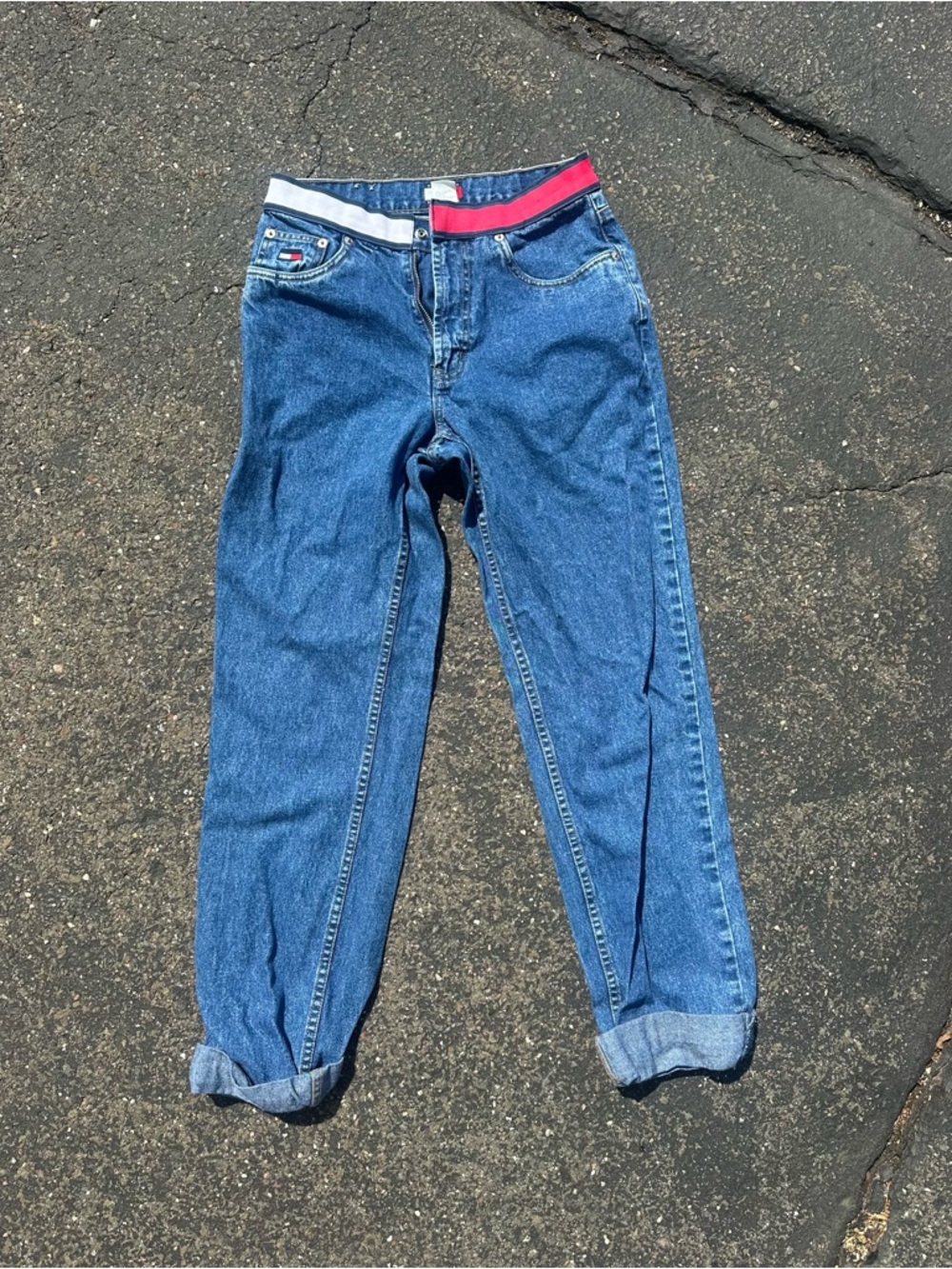 Vintage Tommy Hilfiger Blue Denim Boyfriend Jeans with Red & White Waistband